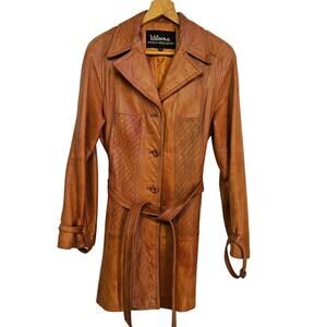 Wilson's Camel Brown Leather Jacket Size 16 Women's Belted Button Front READ